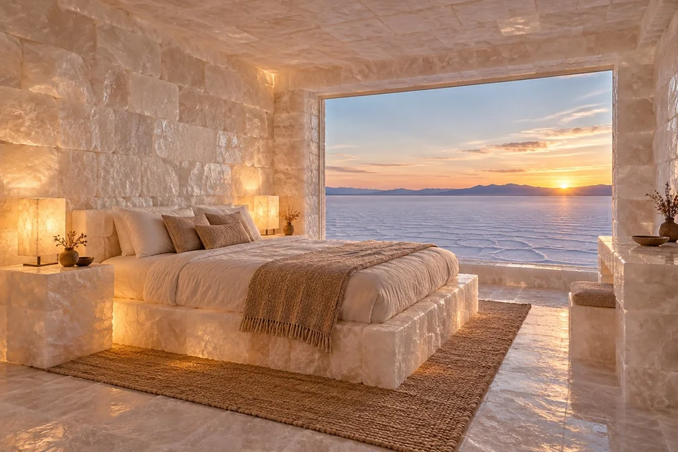 Hotel room built of salt blocks with a salt flat outside; visualisation