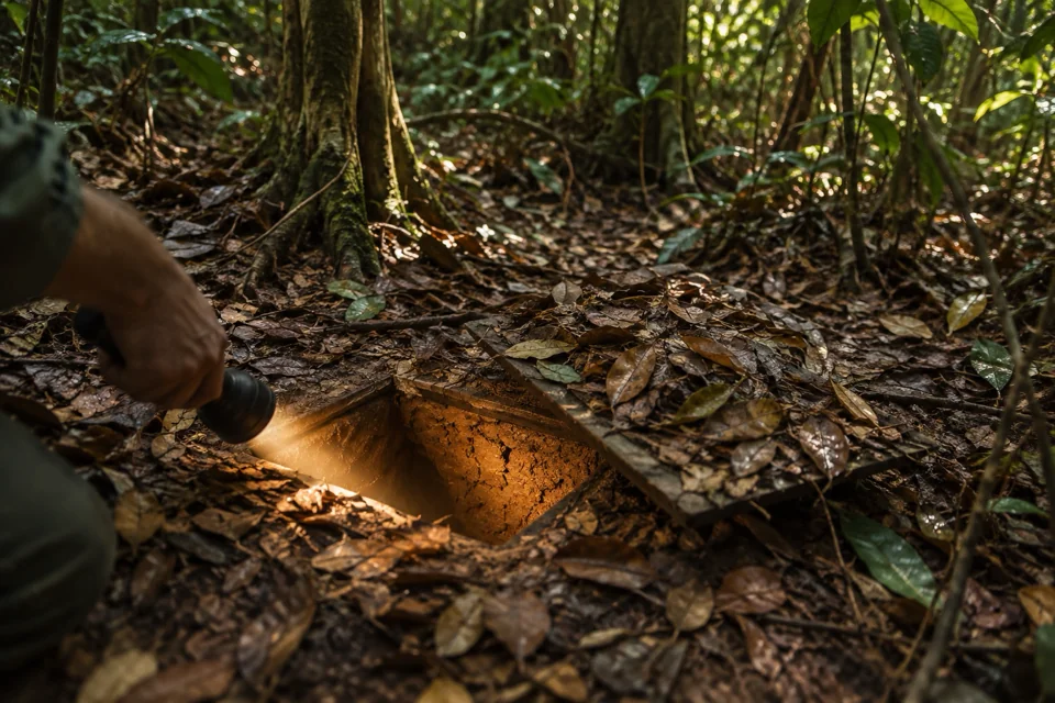Narrow entrance hidden by leaves on the forest floor into the Cu Chi Tunnels network