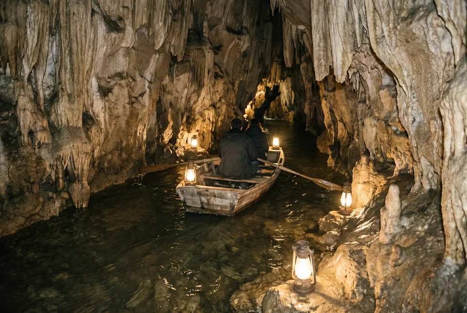 Rowing boat on the lamp-lit underground river of Cueva del Indio, visualization
