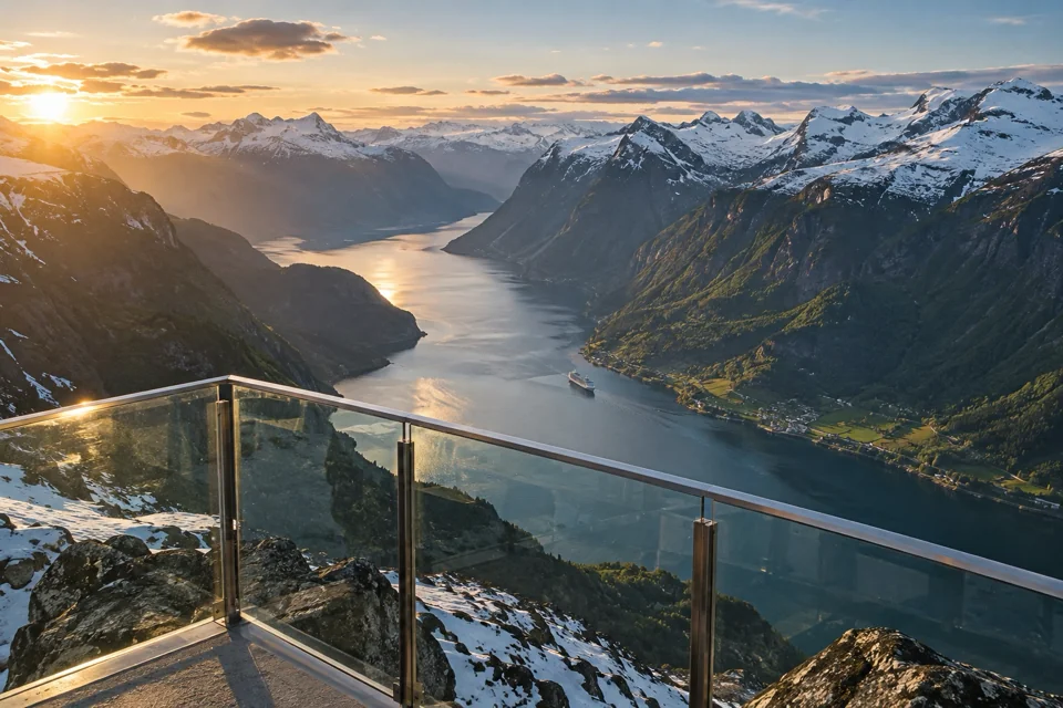 Geirangerfjord winding 1,500 metres below the summit of Mount Dalsnibba