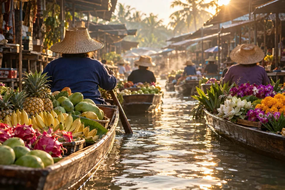 Wooden boats laden with fruit in the canal at Damnoen Saduak Floating Market