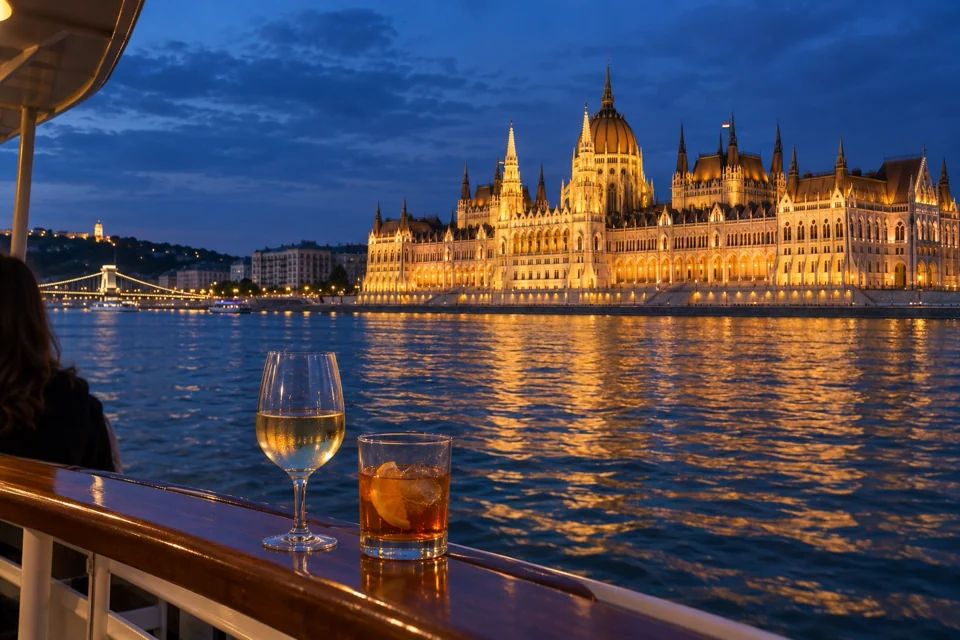 Evening boat cruise on the Danube in Budapest, the lit Parliament building and two drinks