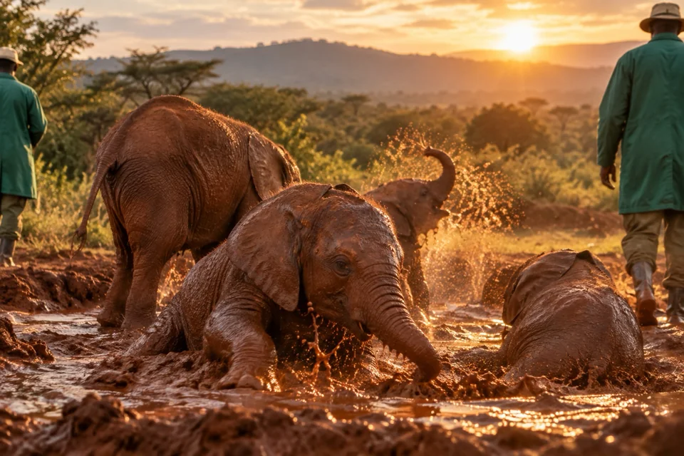 Orphaned baby elephants playing in red mud at the David Sheldrick Trust