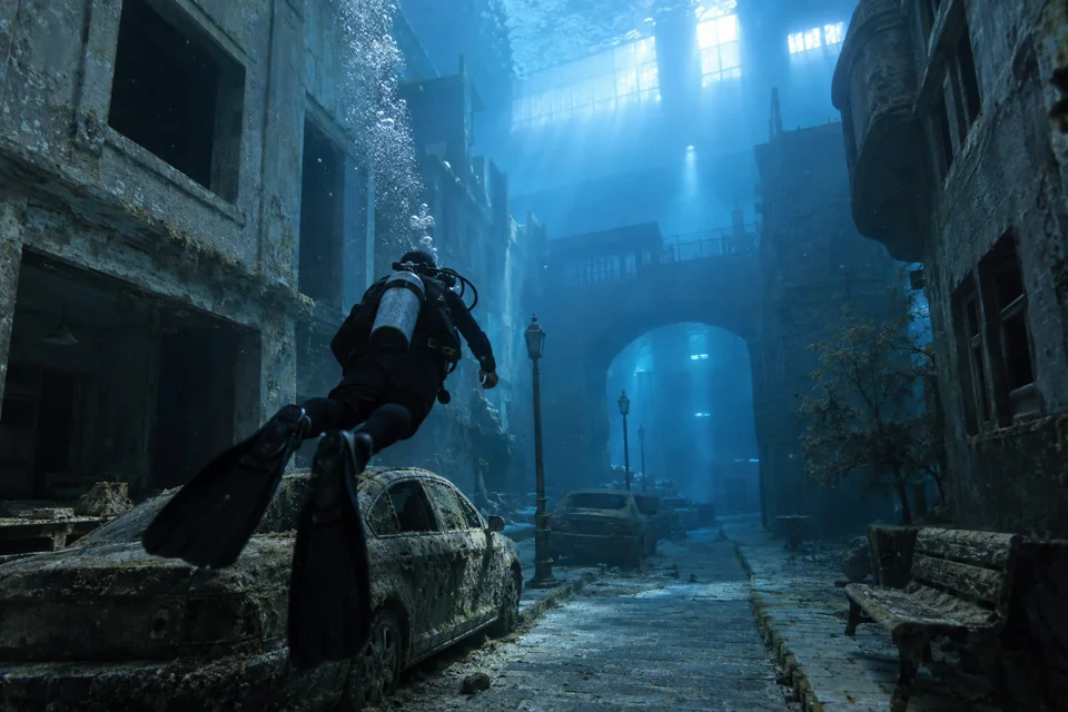 Scuba diver swimming between the streets of the sunken city pool at Deep Dive Dubai