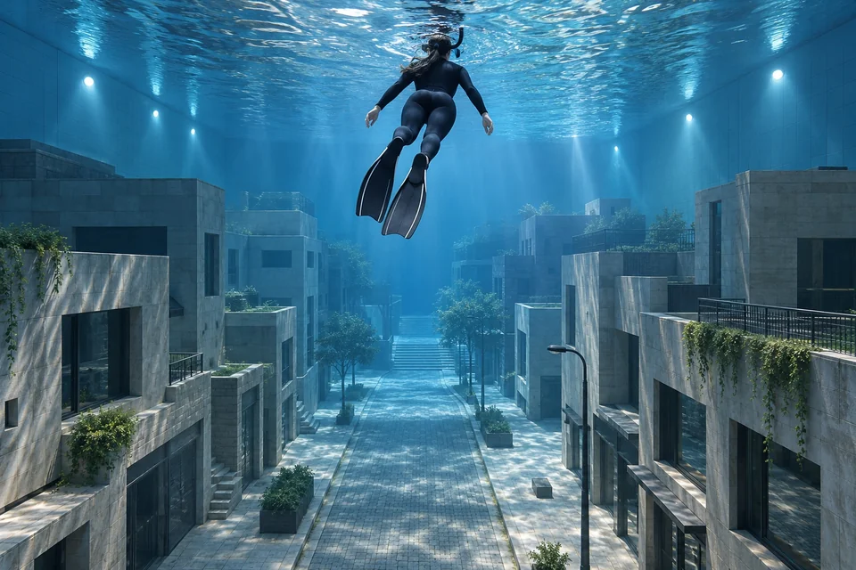 Snorkeller floating above a sunken city street in a deep indoor pool; visualisation