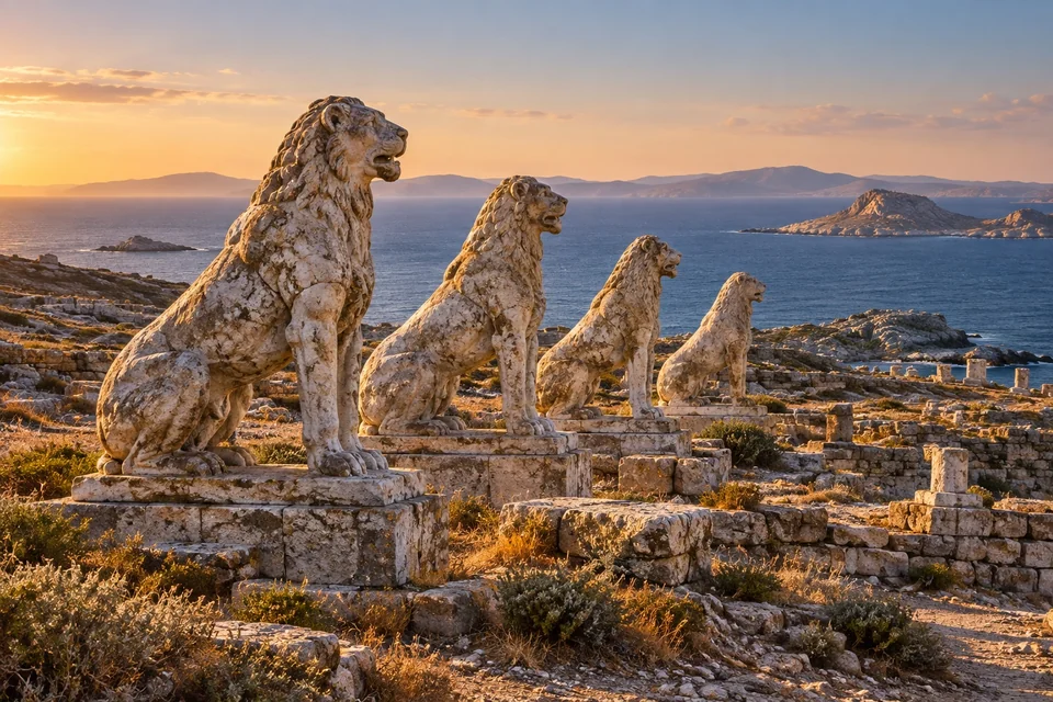 Ancient marble lion statues on an island with the Aegean behind; visualisation