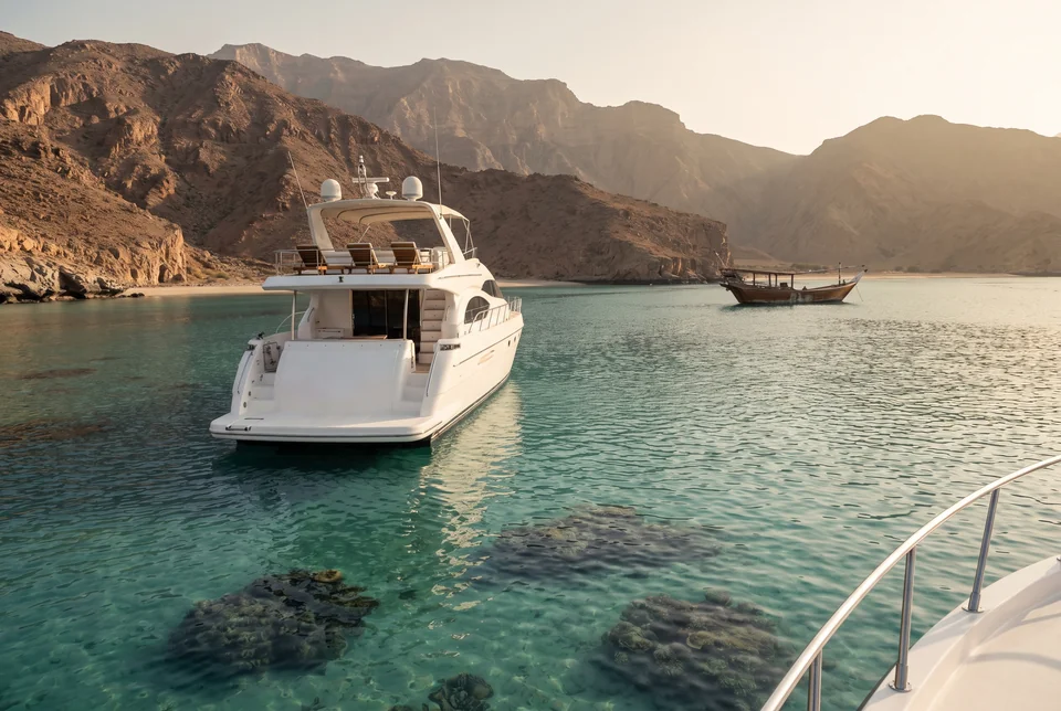 A luxury yacht anchored in a cove at Dibba where the Hajar mountains meet the sea, visualization