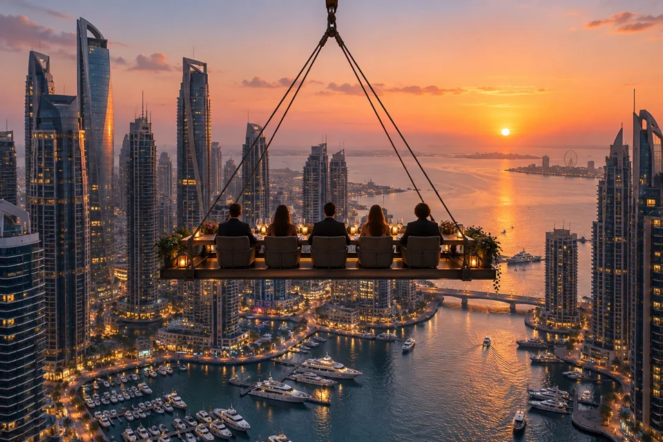 Dining table suspended fifty metres above a skyscraper marina at sunset; visualisation