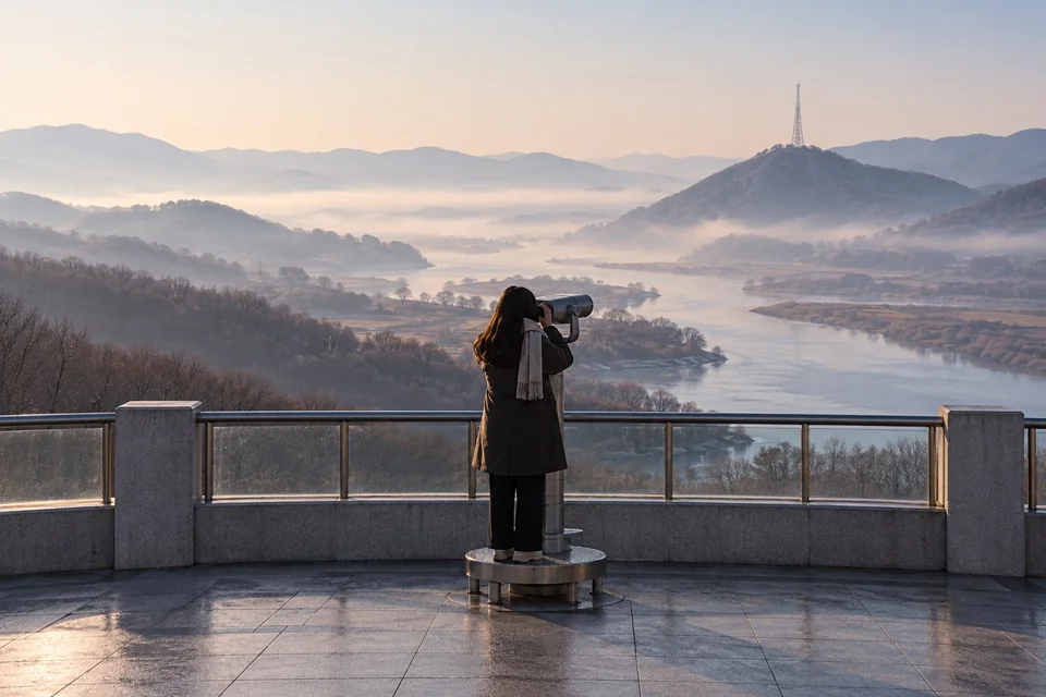 Observatory binoculars facing a hazy valley and bare hills; visualisation
