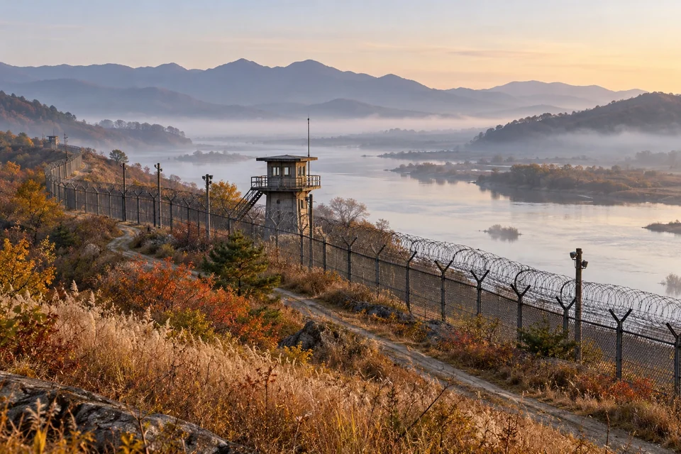 Barbed wire fence and guard post along a misty border river; visualisation