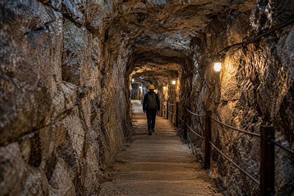 Narrow granite tunnel with a helmeted visitor walking away; visualisation