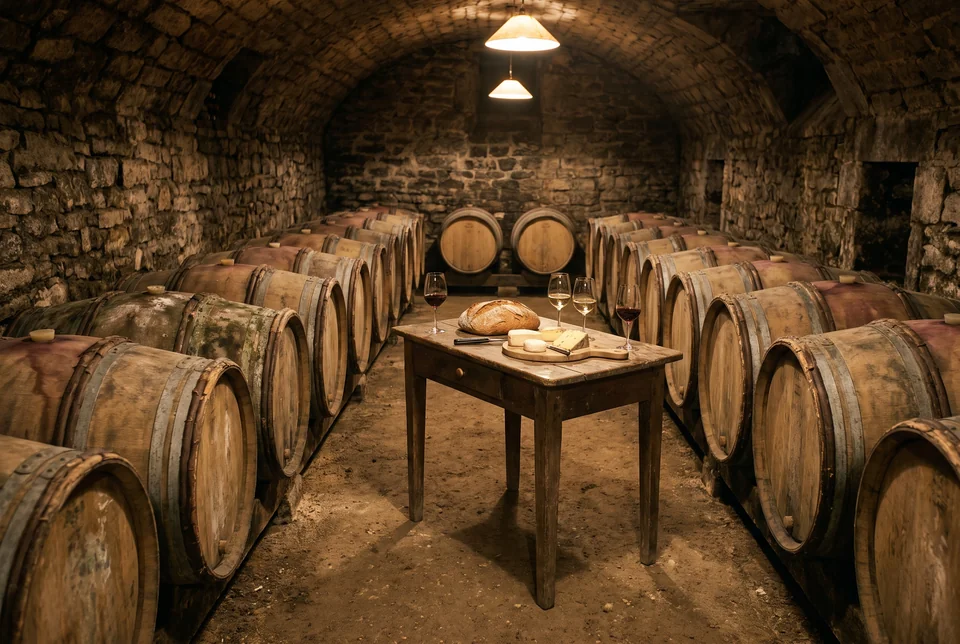 Barrels and a tasting table in a stone wine cellar in Dolianova, visualization