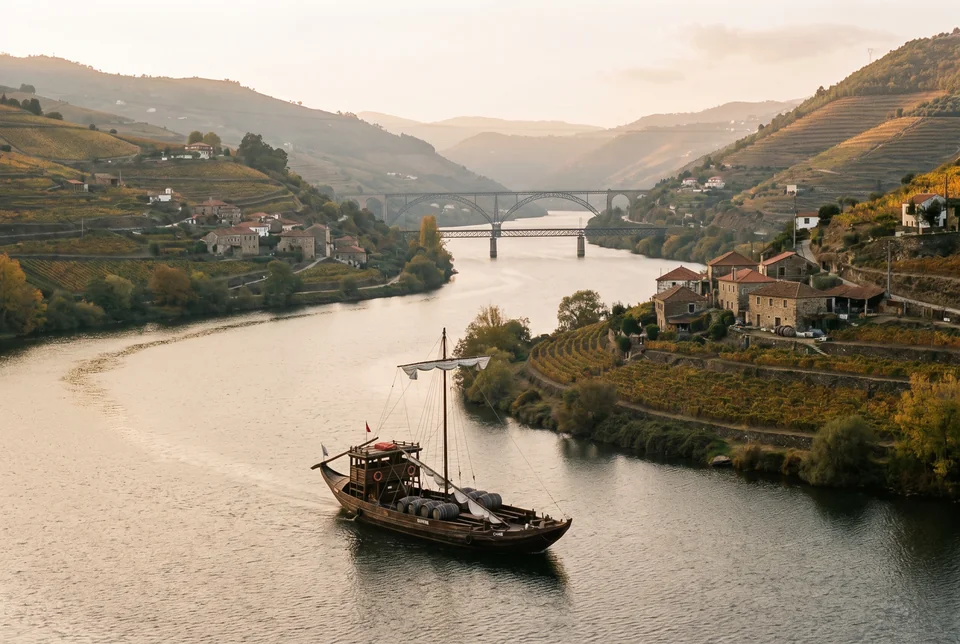 Traditional rabelo boat on the Douro River among terraced vineyards, visualization