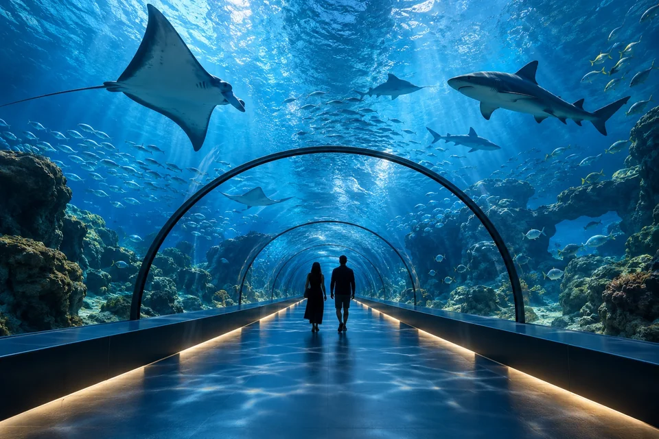 Underwater aquarium tunnel with rays and sharks passing overhead; visualisation