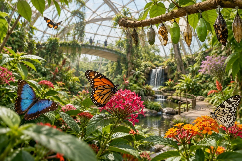 Butterflies on flowers and hanging chrysalises in a domed butterfly garden; visualisation