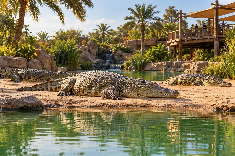 Nile crocodiles basking beside a green pool in a wildlife park; visualisation