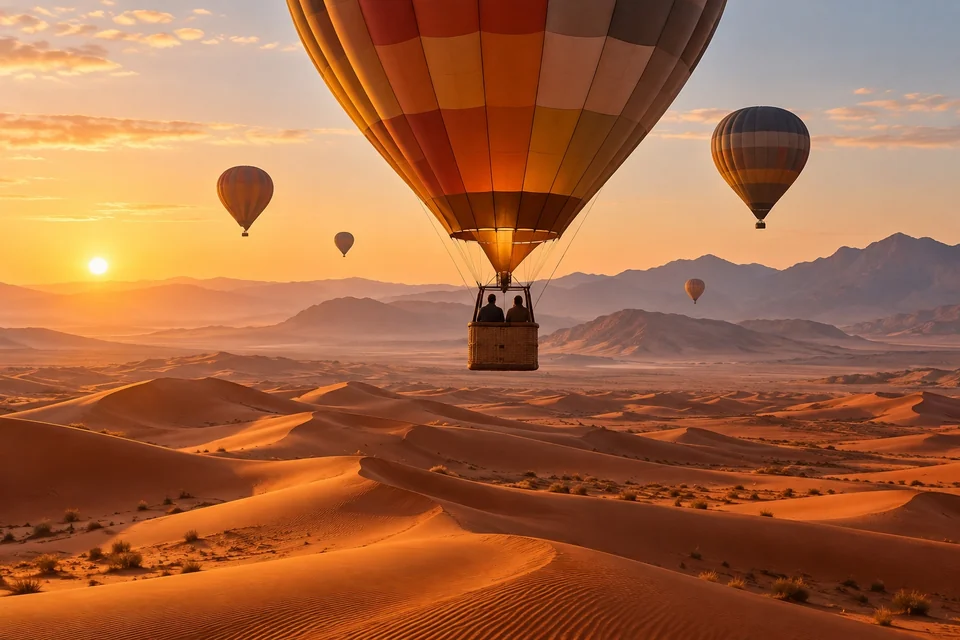Hot air balloons drifting over red sand dunes at sunrise; visualisation