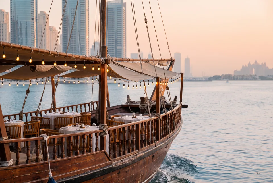 A traditional illuminated dhow boat on blue water off Dubai Harbour, visualization