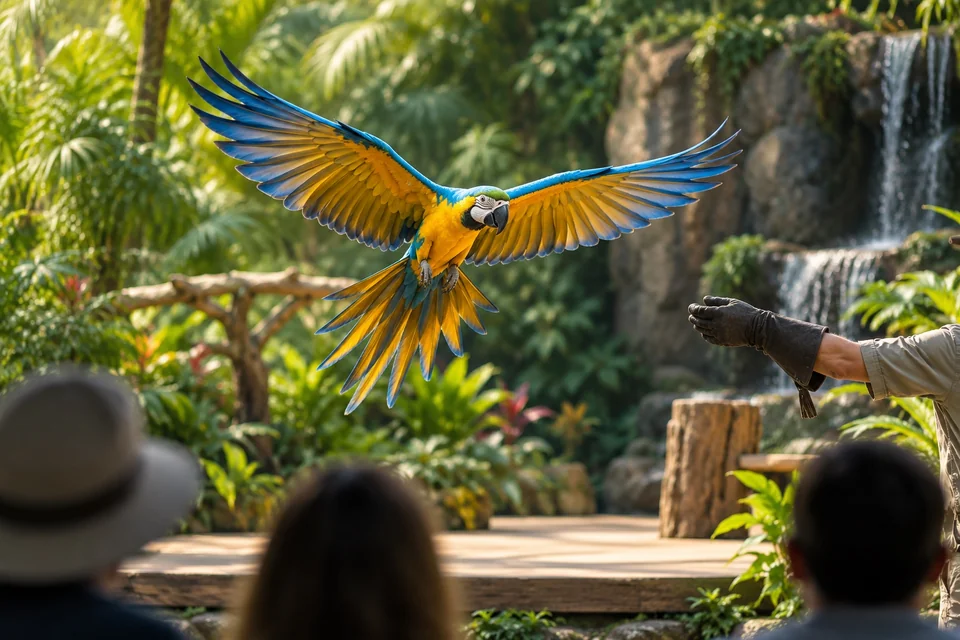 Colourful macaw in flight above a small show stage; visualisation