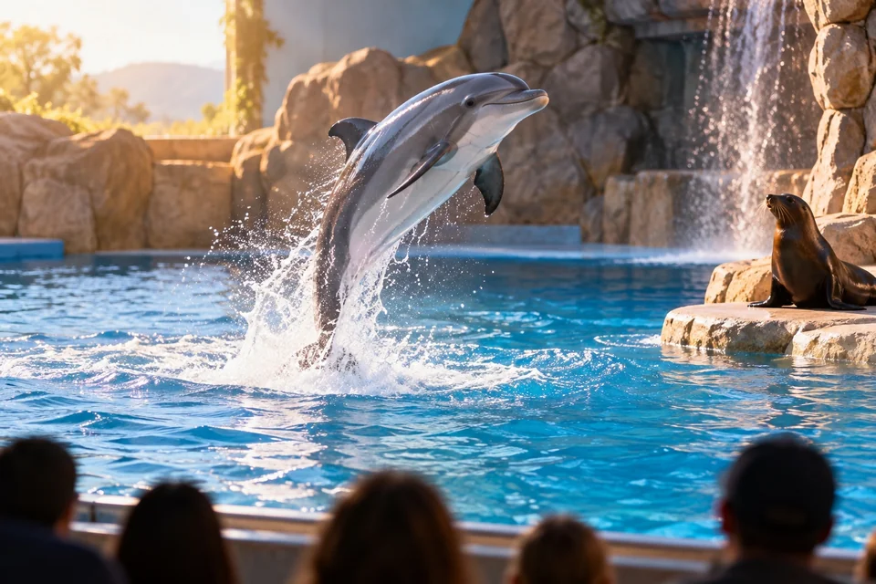 Dolphin leaping from a show pool with a sea lion on the edge; visualisation