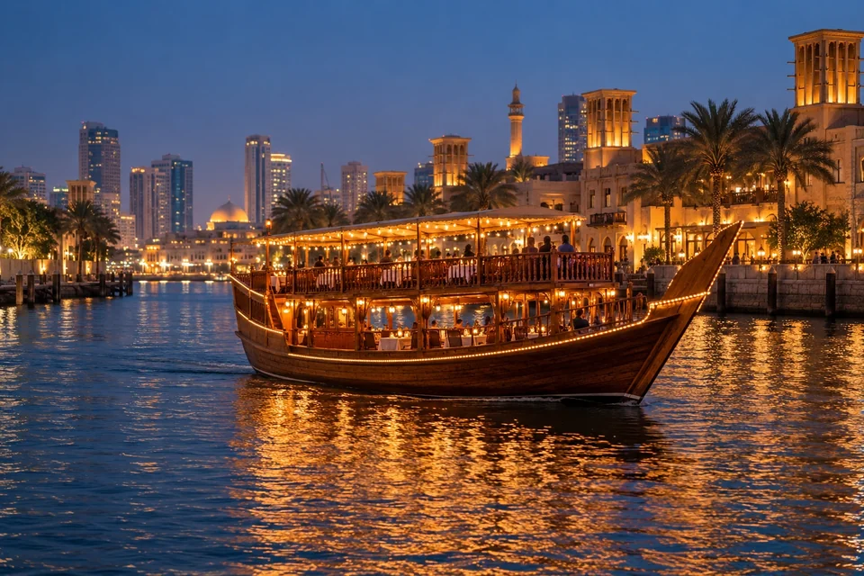 Wooden dhow with string lights cruising along a creek at night; visualisation