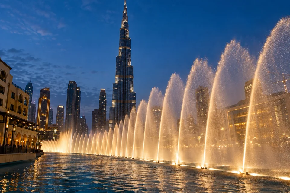 Arcing water jets of the Dubai Fountain at blue hour below a lit Burj Khalifa