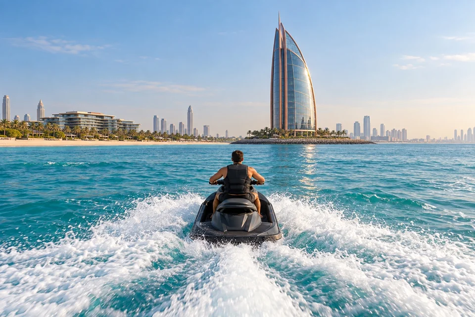 Jet ski near a sail-shaped tower off a flat sandy coast, from behind; visualisation