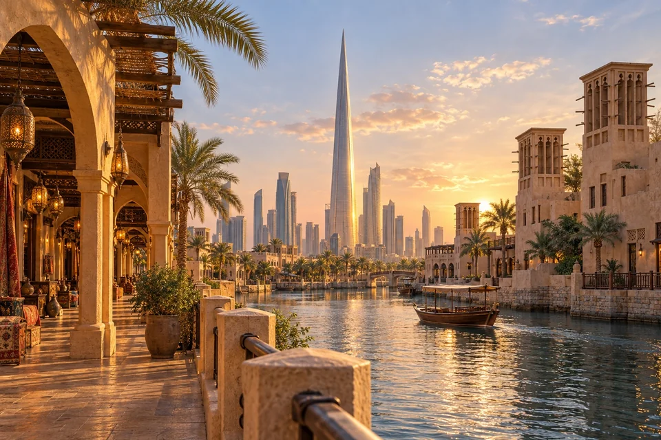Layered view of a desert city with its tower, souk and wind towers; visualisation