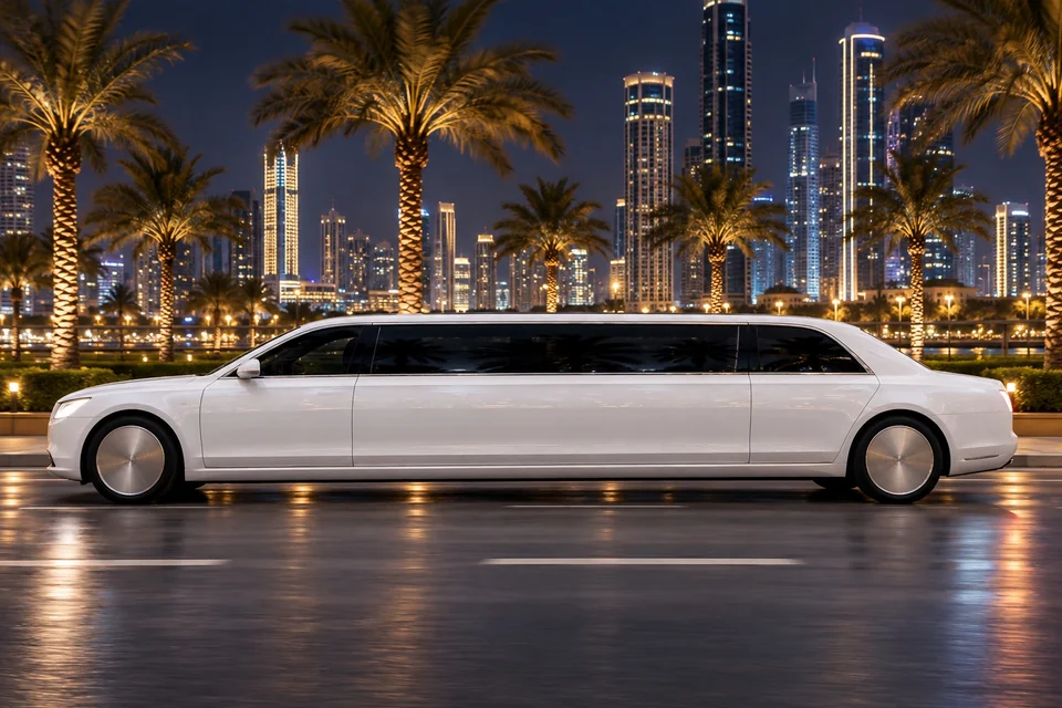 White stretch limousine on a palm-lined boulevard at night; visualisation