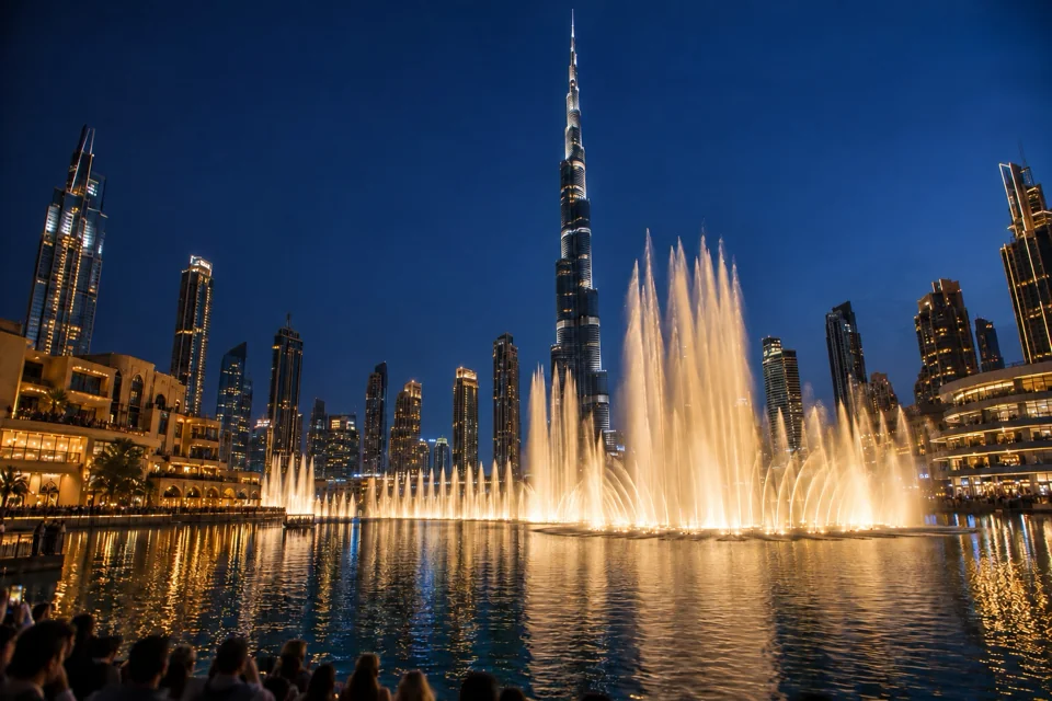 Illuminated water show of the Dubai Mall Fountain at night below the Burj Khalifa