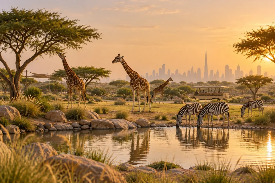 Giraffes and zebras in a landscaped enclosure on flat land with a safari tram; visualisation