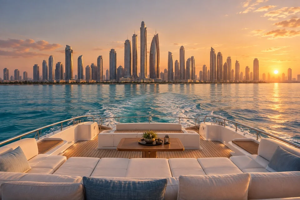 White yacht cruising off a skyscraper marina at golden hour; visualisation