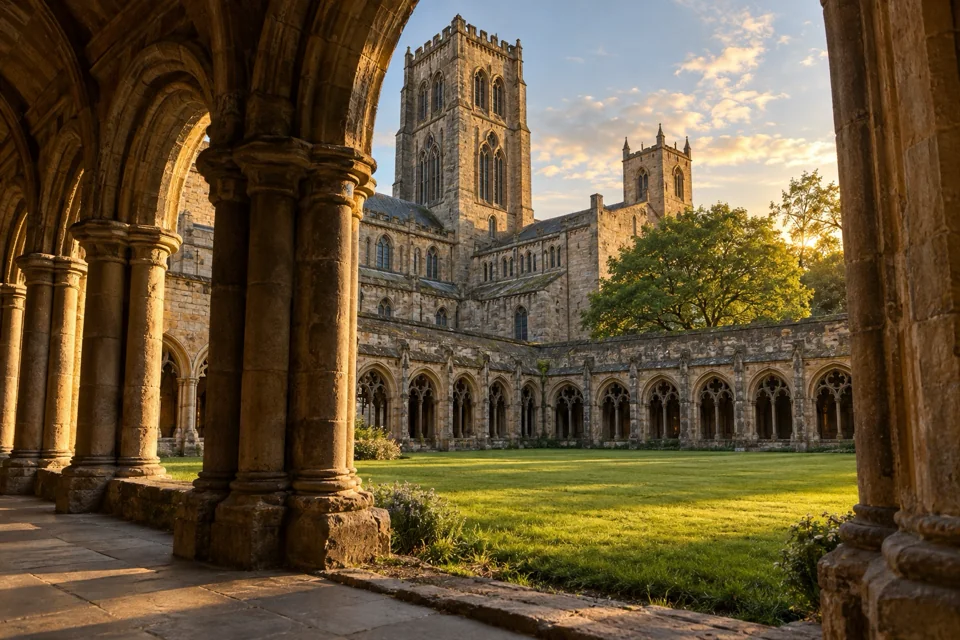 Stone-arched cloister of Durham Cathedral that appears as Hogwarts in the Harry Potter films