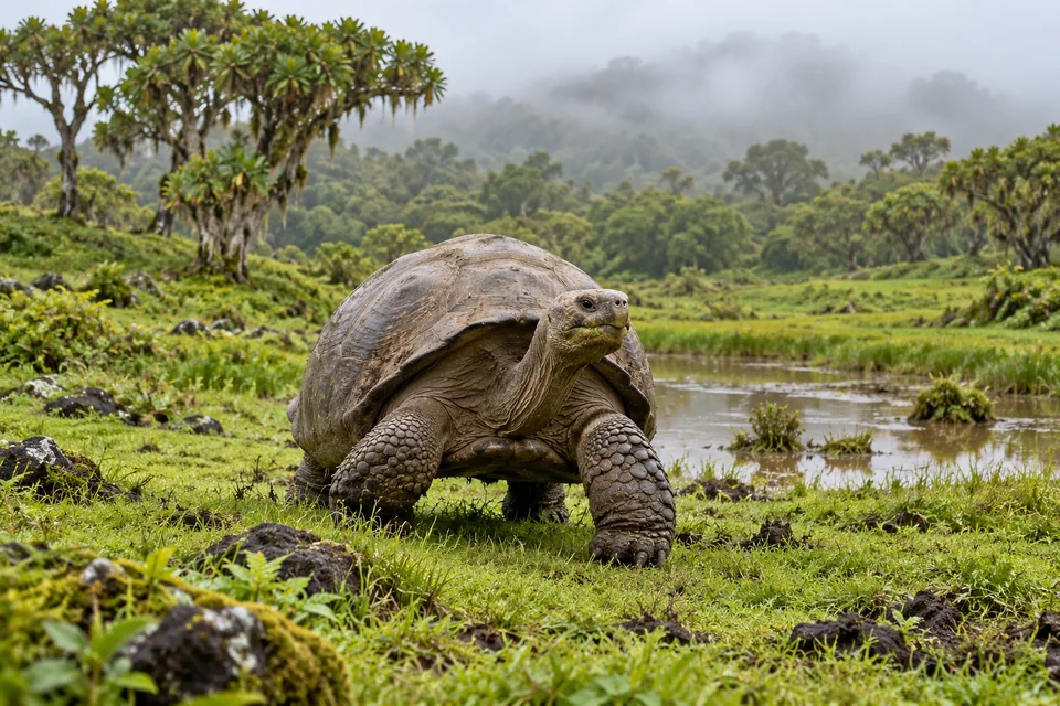 Giant tortoise walking through a green highland pasture; visualisation