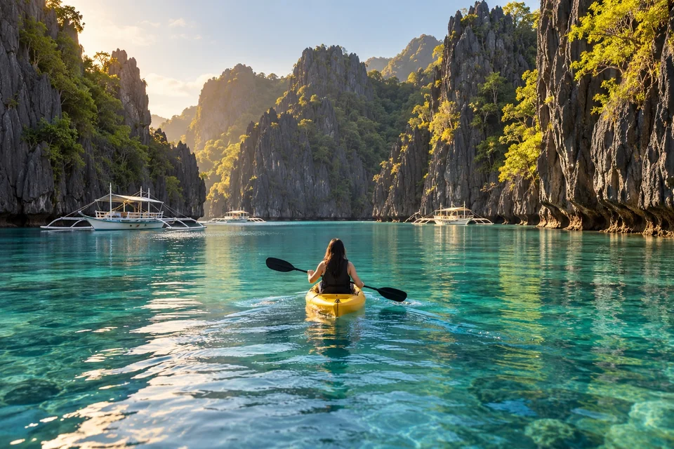 Kayak entering a turquoise lagoon between karst cliffs; visualisation