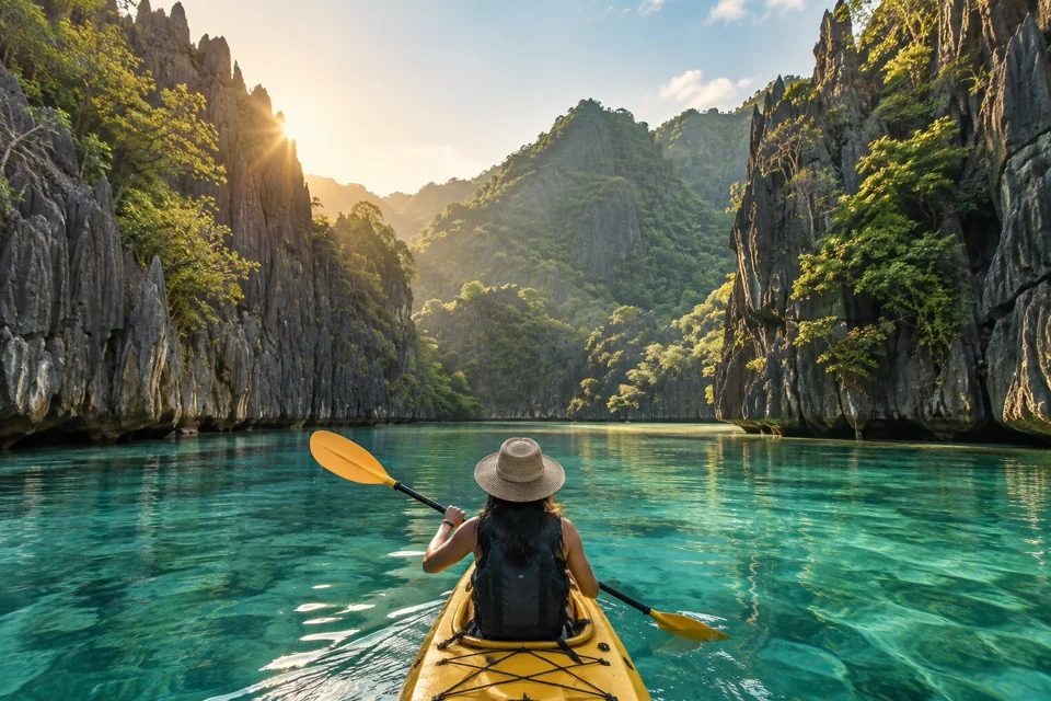 Kayak on a turquoise lagoon ringed by limestone cliffs in El Nido, seen from behind