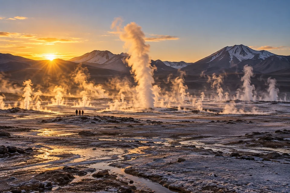 Steam columns rising from a geyser field at sunrise; visualisation
