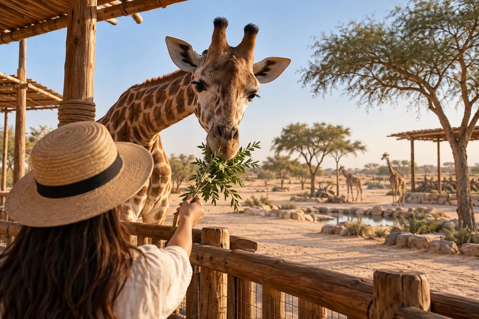 Giraffe taking leaves at a feeding platform with flat desert behind; visualisation