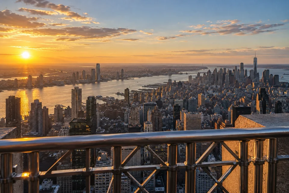 Manhattan and the New York skyline in golden hour from the 86th-floor deck of the Empire State Building