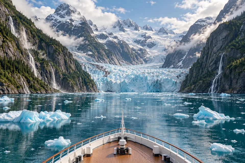 Narrow fjord with icebergs leading to a tidewater glacier; visualisation