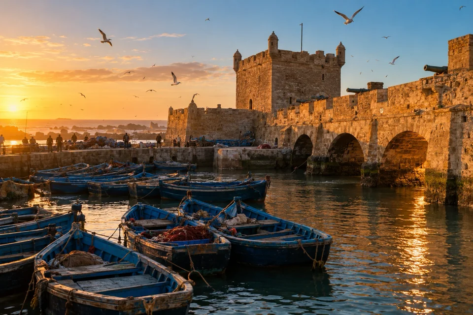 Blue fishing boats, ramparts and gulls in the port of Essaouira at sunset, visualization