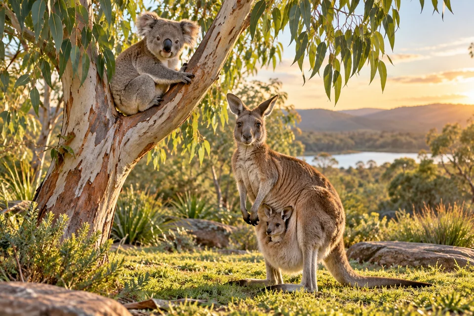 Koala in a eucalyptus and a kangaroo with a joey; visualisation