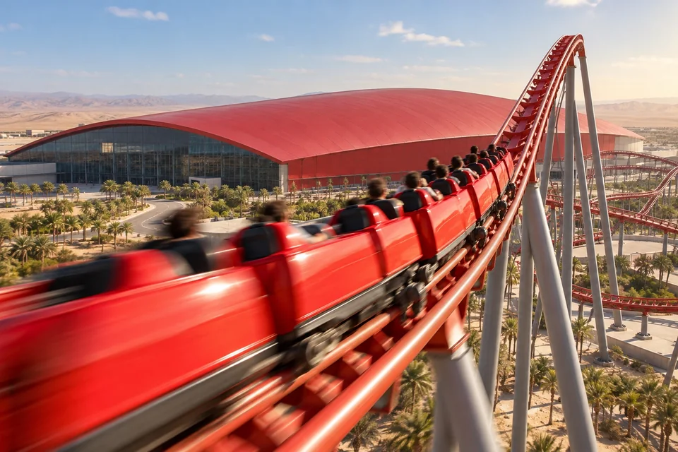 Red roller coaster racing past a huge red-roofed theme park; visualisation