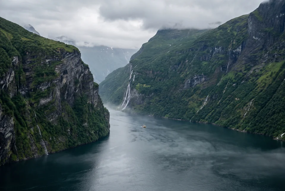 Misty steep slopes and waterfalls along Flåm Fjord, visualization