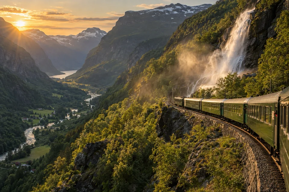 Green Flåmsbana train passing a waterfall on the slope of a deep valley