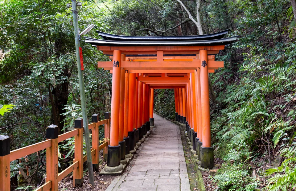 A walking path through orange torii gates at Fushimi Inari in Kyoto