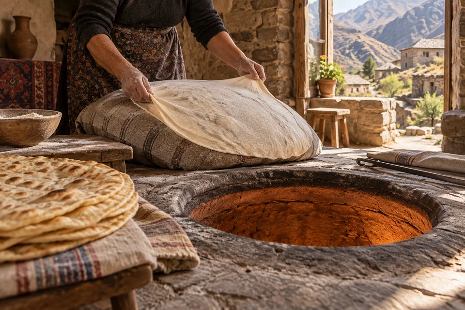 Hands stretching lavash dough beside a clay tandoor; visualisation