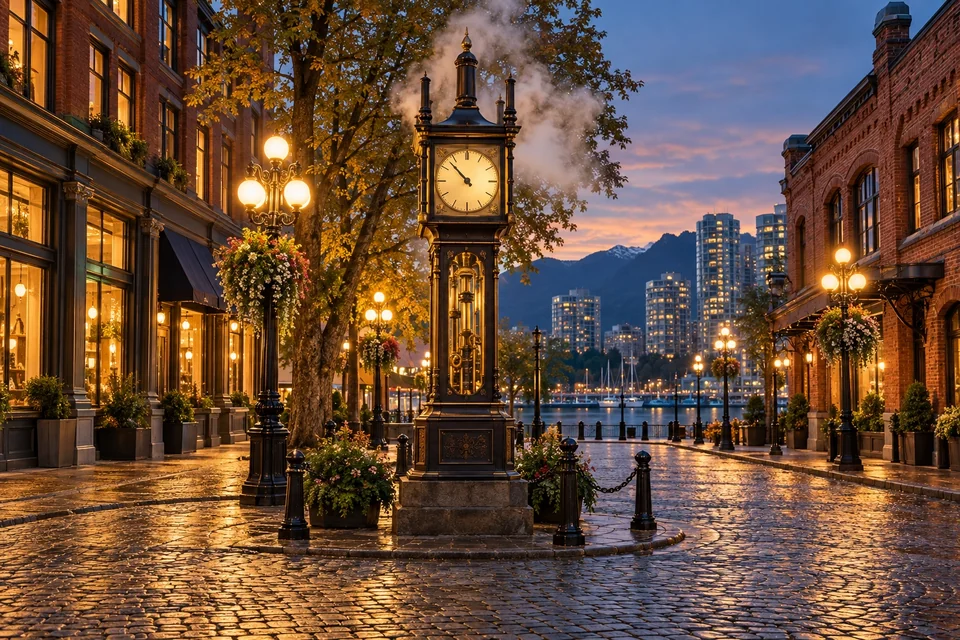 Ornate steam clock puffing steam on a cobblestone street at dusk; visualisation