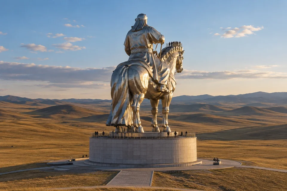 Colossal steel equestrian statue on the open steppe; visualisation