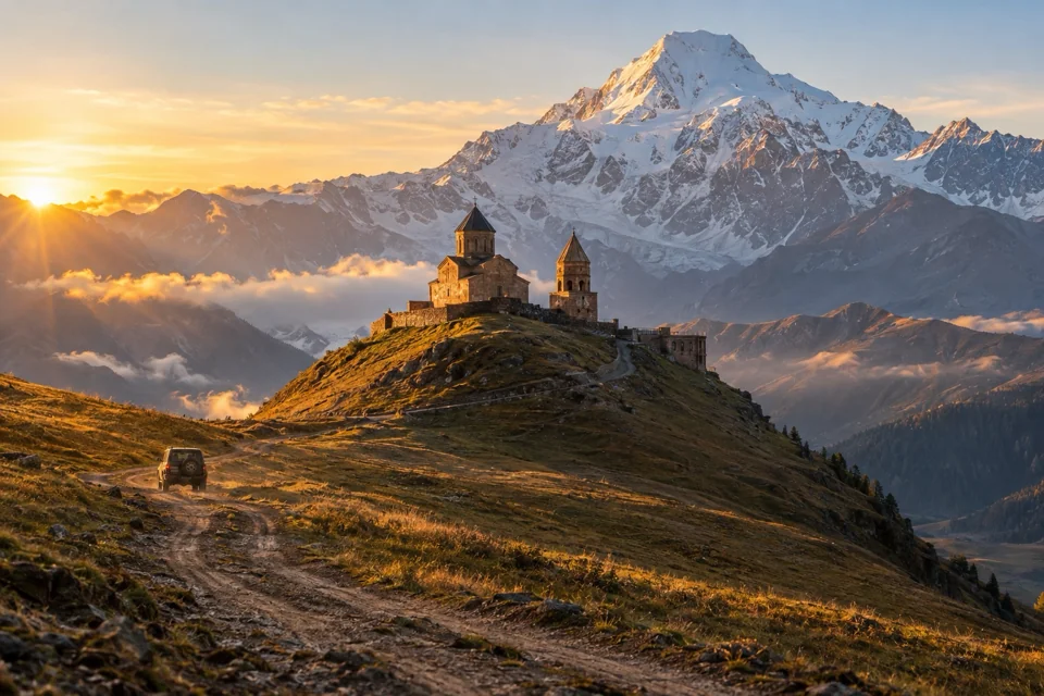 Gergeti Trinity Church on its hill below snow-capped Mount Kazbek, a 4x4 on the winding road